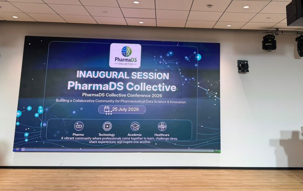 Presentation screen reading "Inaugural Session, PharmaDS Collective, 25 July 2026" above icons for Pharma, Technology, Academia and Healthcare.
